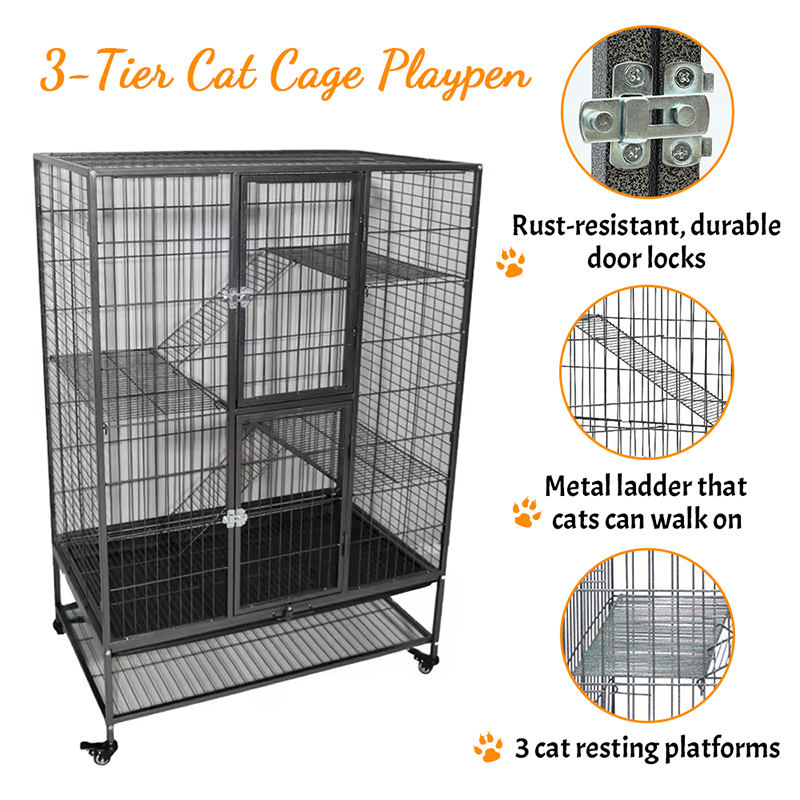 Большая сверхмощная 2/3/4-уровневая металлическая крытая трубка для кошачьей клетки с колесами Большая сверхмощная 2/3/4-уровневая металлическая крытая трубка для кошачьей клетки с колесами