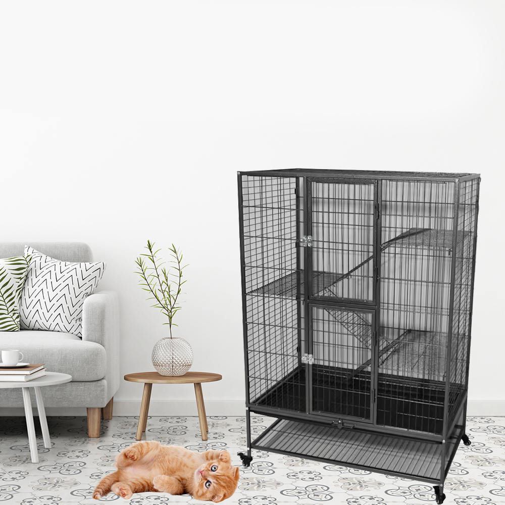 Большая сверхмощная 2/3/4-уровневая металлическая крытая трубка для кошачьей клетки с колесами Большая сверхмощная 2/3/4-уровневая металлическая крытая трубка для кошачьей клетки с колесами